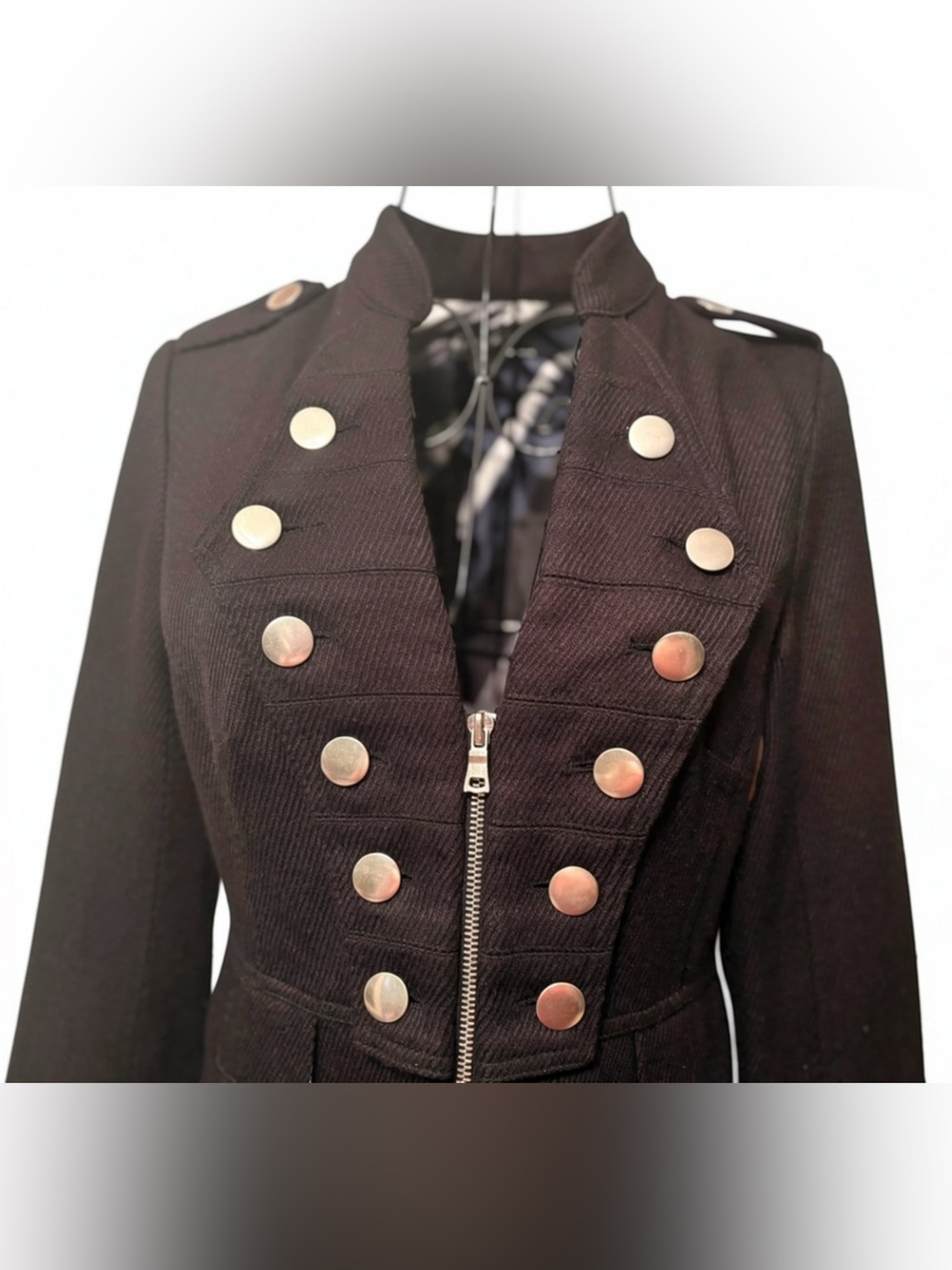 Rampage Black Military Style Long Coat Silver Button Structured Jacket Small - Picture 4 of 9